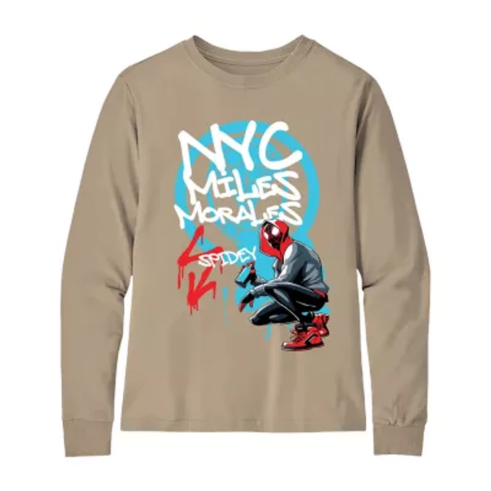 Miles Morales Little & Big Kid Boys Crew Neck Long Sleeve Regular Fit Spiderman Graphic T-Shirt