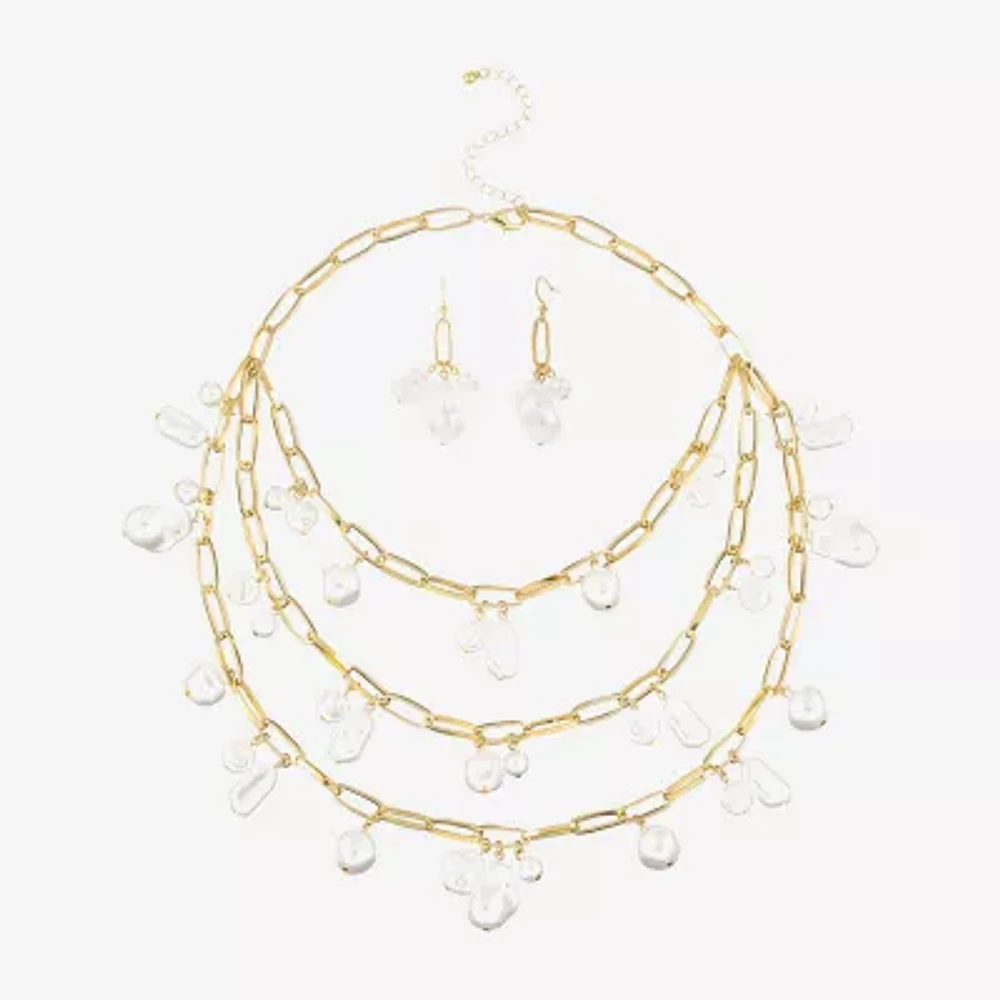 Bold Elements Gold Tone Statement Necklace & Drop Earrings Womens White Simulated Pearl Round 2-pc. Jewelry Set