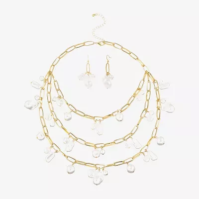 Bold Elements Gold Tone Statement Necklace & Drop Earrings Womens White Simulated Pearl Round 2-pc. Jewelry Set