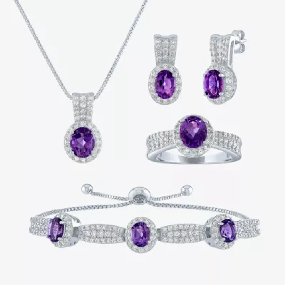 Womens Lab Created Purple Amethyst Pure Silver Over Brass Oval 4-pc. Jewelry Set