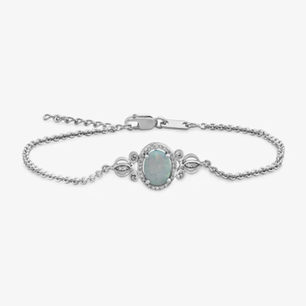 Enchanted Disney Fine Jewelry Womens 1/10 CT. T.W. Lab Created White Opal Sterling Silver Oval Cinderella Princess Charm Bracelet