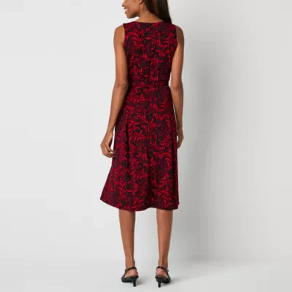 Liz Claiborne Womens Sleeveless Midi Scroll A-Line Dress