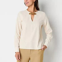 Worthington Womens Round Neck Long Sleeve Blouse