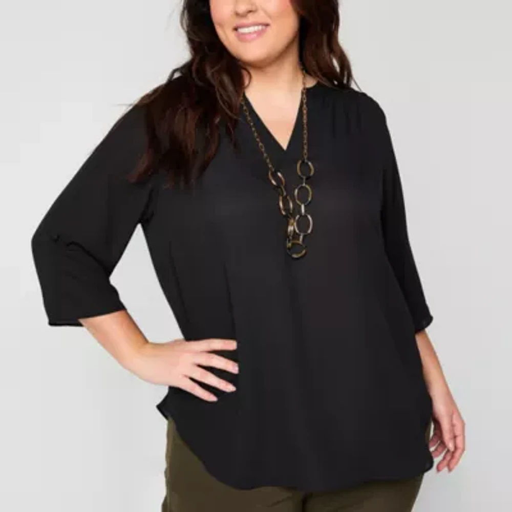 Worthington Womens Split Crew Neck 3/4 Sleeve Plus Blouse