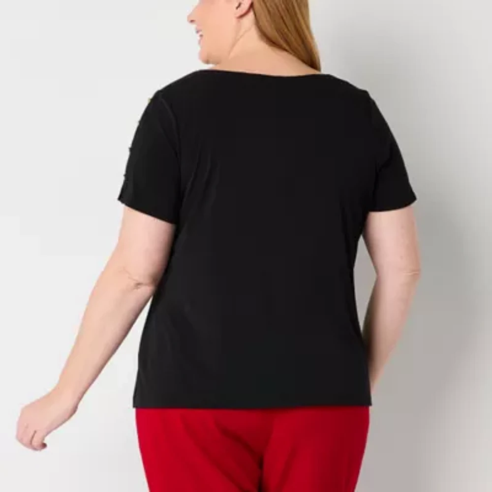 Liz Claiborne Womens Round Neck Short Sleeve Plus Blouse