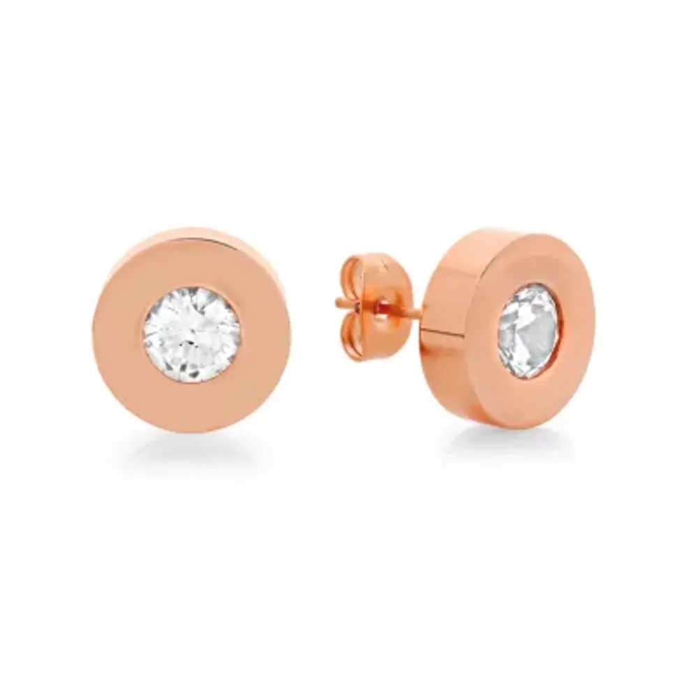 Round White Crystal 18K Rose-tone Stainless Steel Stud Earrings