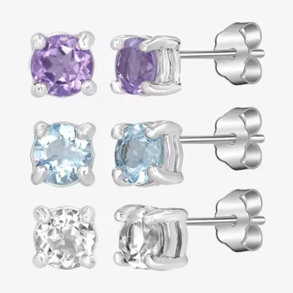 Silver Treasures Genuine Stone Womens Purple Amethyst Sterling Silver 3 Pair Earring Set