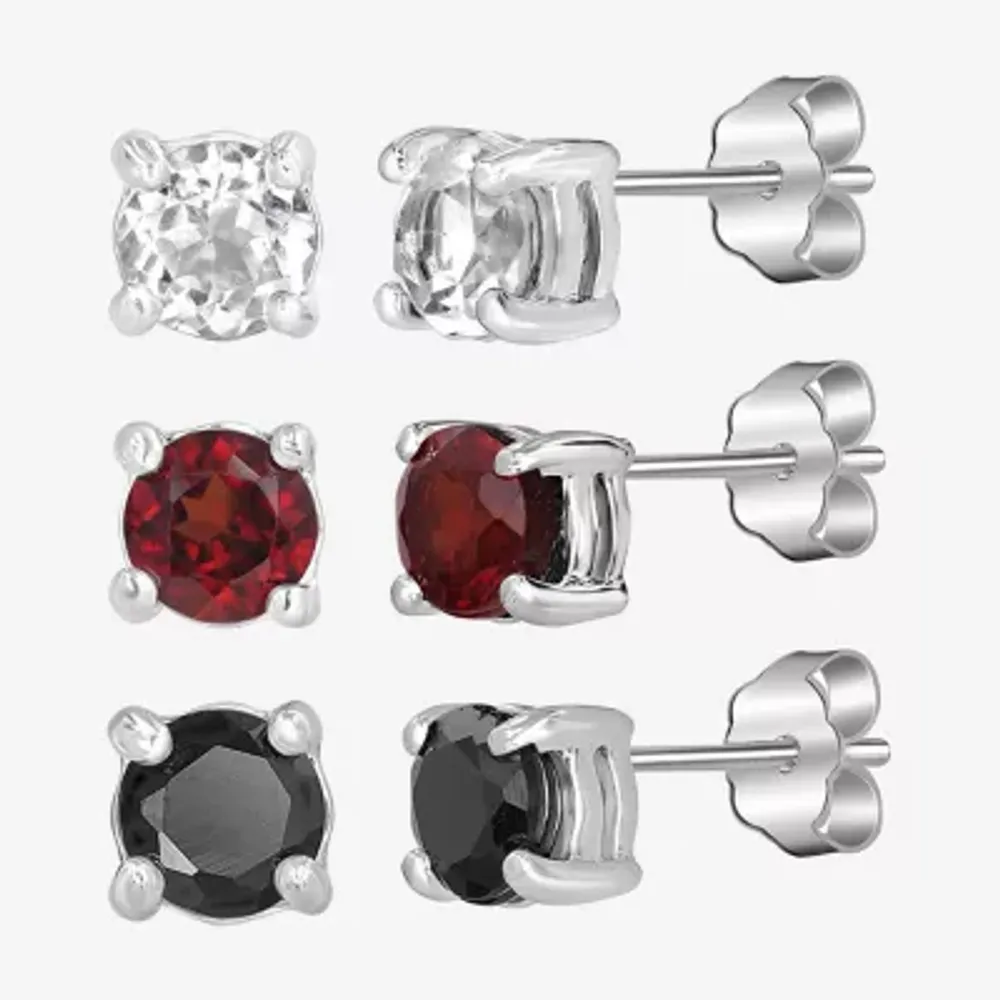 Silver Treasures Genuine Stone Womens White Topaz Sterling Silver 3 Pair Earring Set