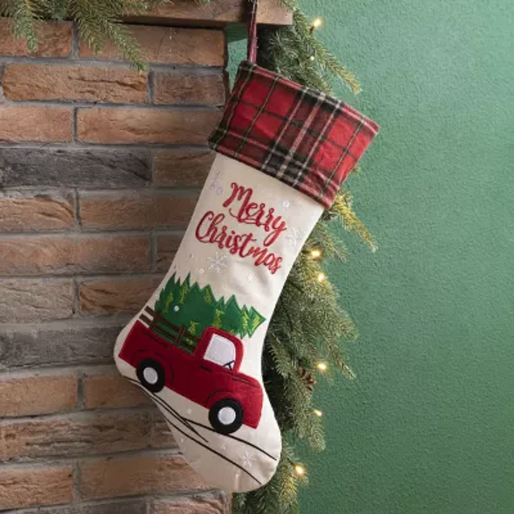 Glitzhome Embroidered Linen Red Truck Christmas Stocking