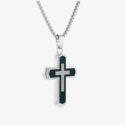 Mens 1/10 CT. T.W. White Diamond Stainless Steel Cross 24 Inch Pendant Necklace