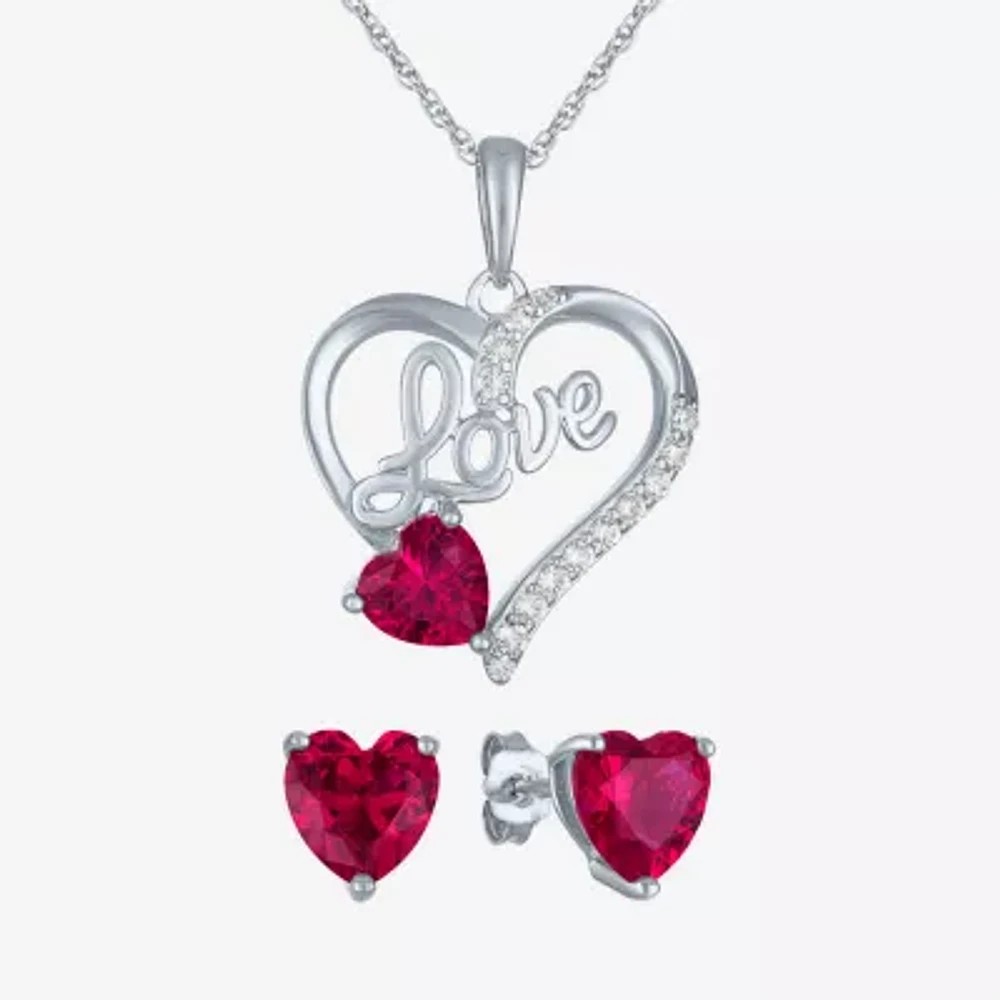 "Love" Womens Lab Created Red Ruby Sterling Silver Heart Jewelry Set