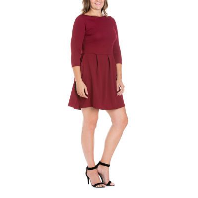 24seven Comfort Apparel Womens 3/4 Sleeve Fit + Flare Dress Plus
