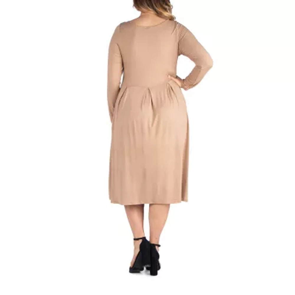 24seven Comfort Apparel Womens Long Sleeve Midi Fit + Flare Dress Plus