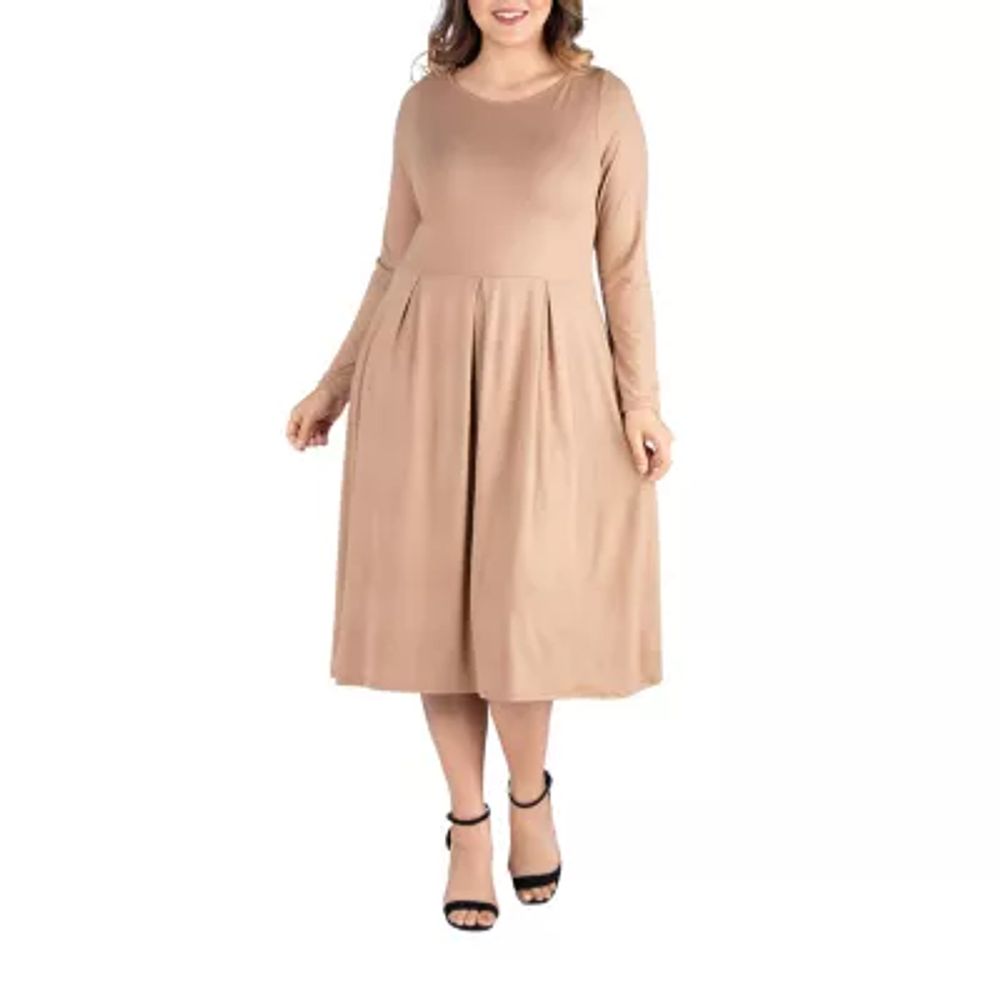 24seven Comfort Apparel Womens Long Sleeve Midi Fit + Flare Dress Plus