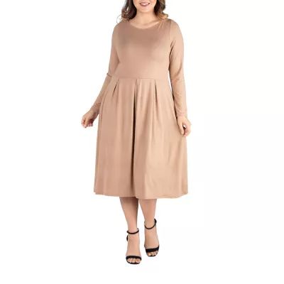 24seven Comfort Apparel Womens Long Sleeve Midi Fit + Flare Dress Plus