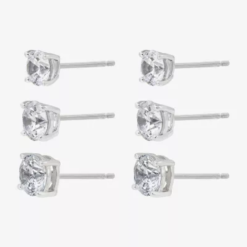 Diamonart Womens Cubic Zirconia Sterling Silver Round 3 Pair Earring Set