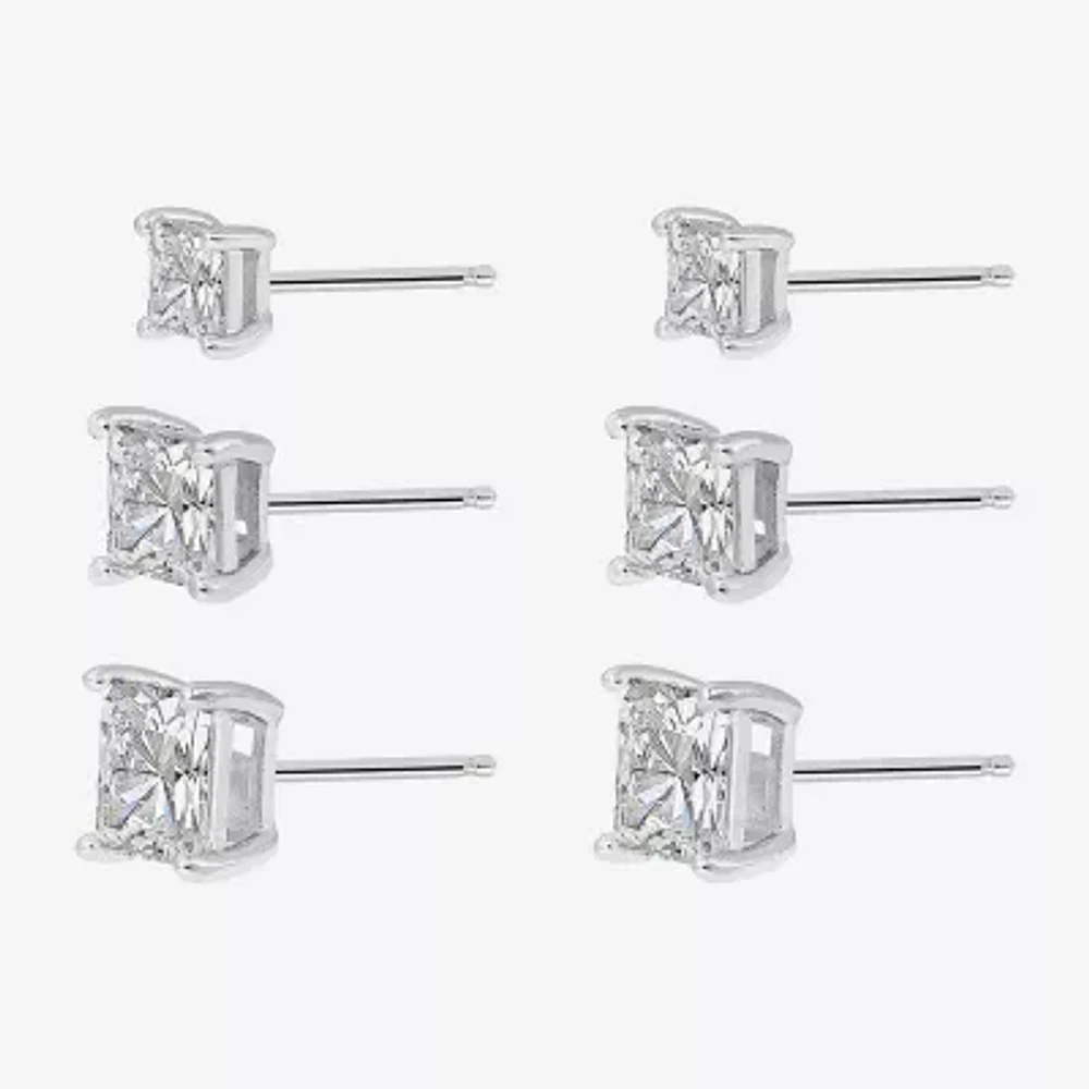 Diamonart Womens Cubic Zirconia Sterling Silver Square 3 Pair Earring Set