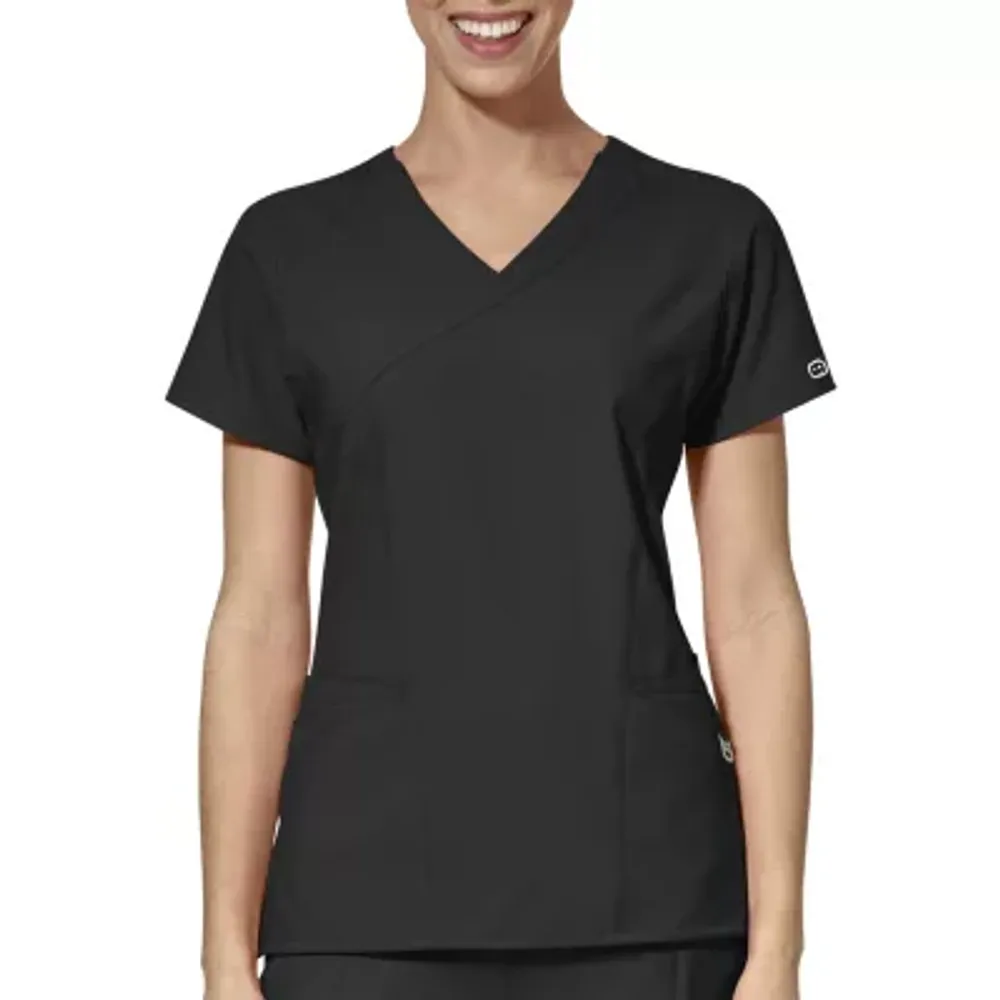 Wink® W123 By Wonderwink 6455 Mock Wrap Womens Plus Short Sleeve Moisture Wicking Wrinkle Resistant Quick Dry Scrub Top