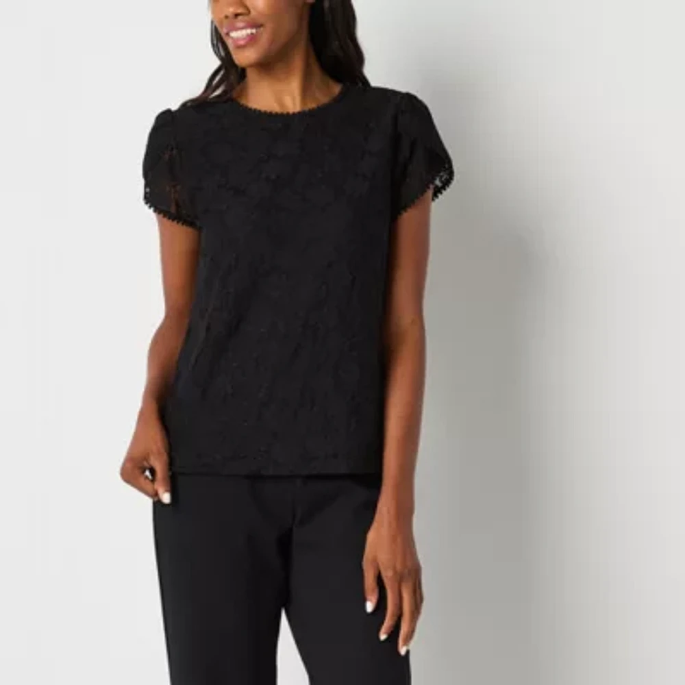 Liz Claiborne Womens Crew Neck Short Sleeve Lace Tall Blouse