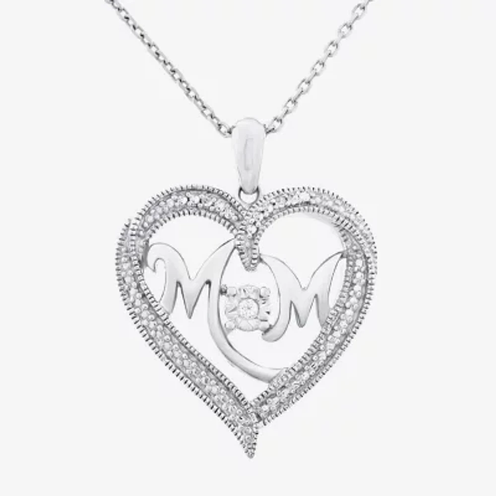 "Mom" Womens Diamond Accent Natural White Diamond Sterling Silver Heart 20 Inch Pendant Necklace