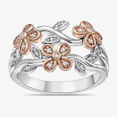 Womens 1/8 CT. T.W. Natural White Diamond 10K Rose Gold Over Silver Sterling Silver Flower Band