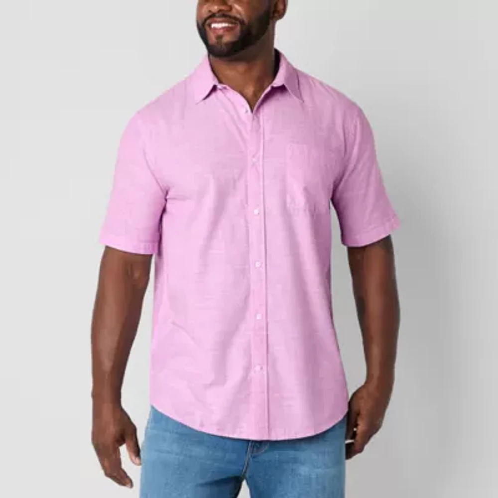 St. John's Bay Chambray Mens Short Sleeve Classic Fit Big and Tall Button-Down Shirt