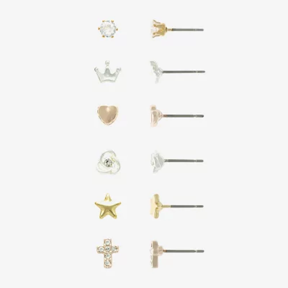 Mixit Womens Cubic Zirconia Cross Crown Heart Hypoallergenic 6 Pair Earring Set