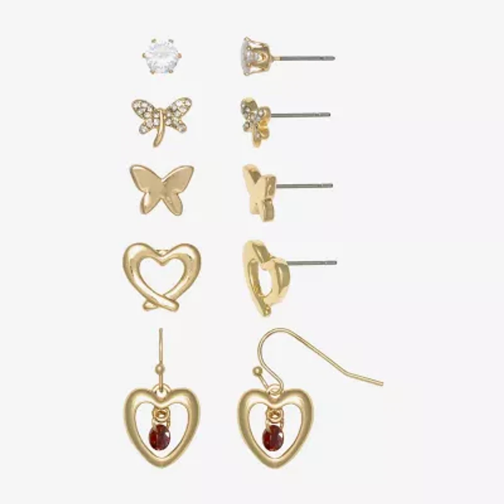Mixit Womens Cubic Zirconia Stainless Steel Butterfly Heart Hypoallergenic 5 Pair Earring Set