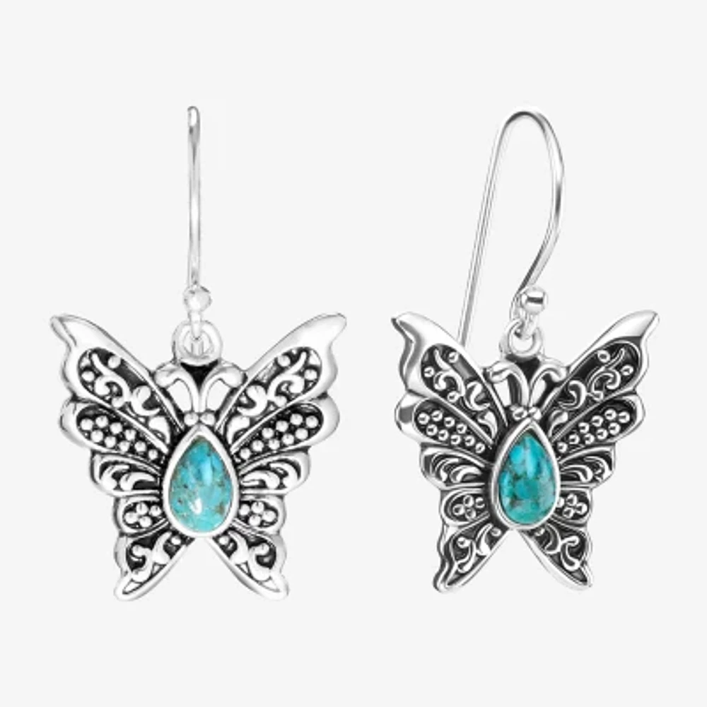Womens Enhanced Blue Turquoise Sterling Silver Butterfly Drop Earrings