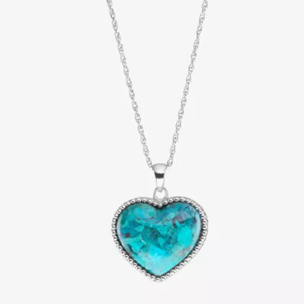 Womens Enhanced Blue Turquoise Sterling Silver Heart 18 Inch Pendant Necklace