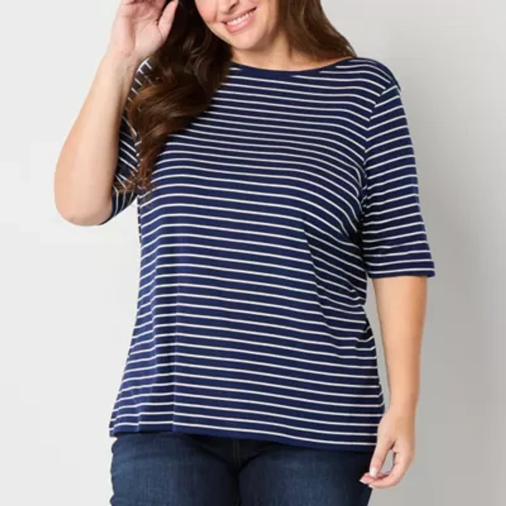 St. John's Bay Womens Boat Neck Elbow Sleeve Plus T-Shirt