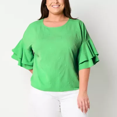 Liz Claiborne Womens Round Neck Short Sleeve Plus Blouse