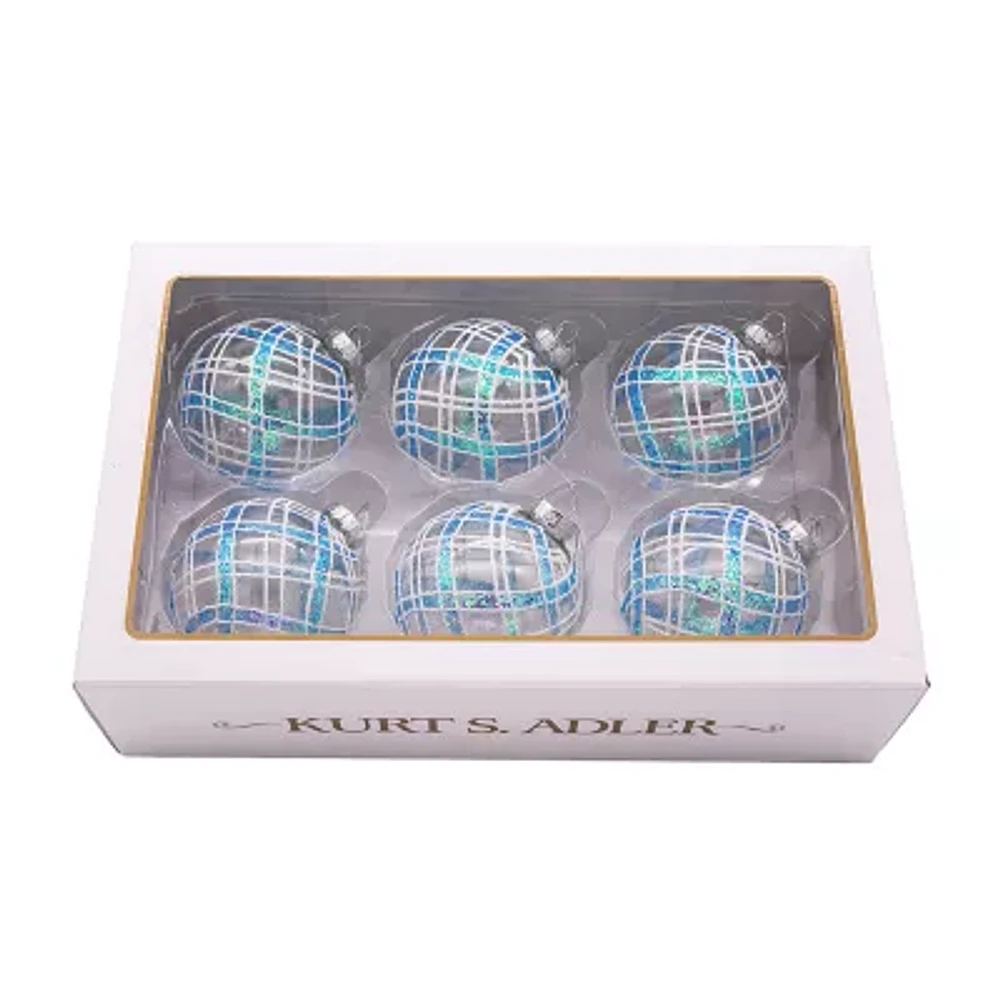 Kurt Adler 80MM Plaid Light Blue and Clear Glass Ball Ornaments 6 Piece Set
