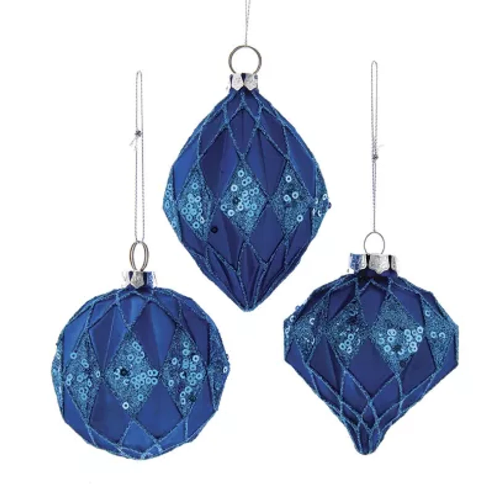 Kurt Adler 80MM Glittered Sequin Blue Ball Finial and Onion 3 Piece Set