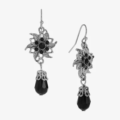 1928 Silver Tone & Black Womens Black Crystal Flower Drop Earrings