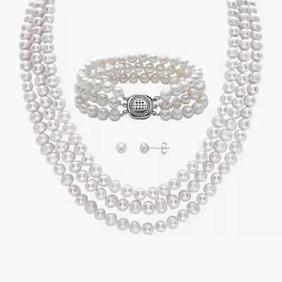 Womens White Cultured Freshwater Pearl Sterling Silver 3-pc. Jewelry Set