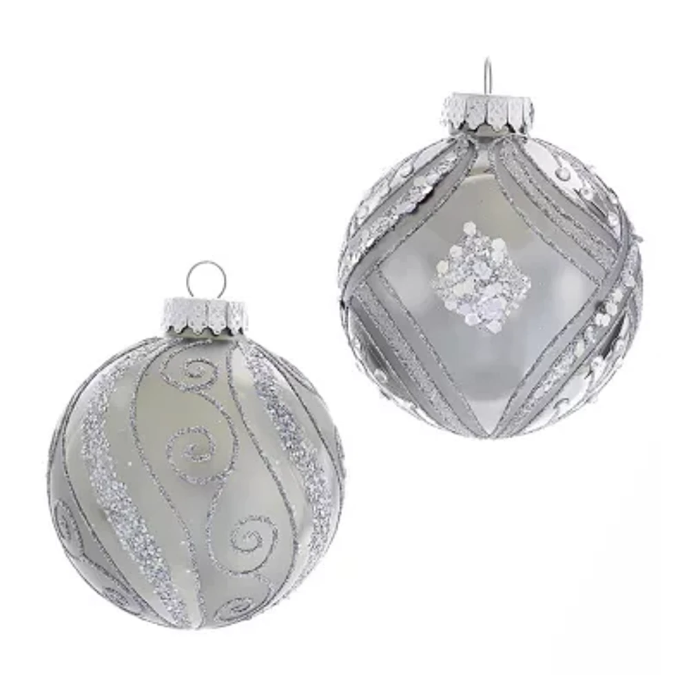 Kurt Adler 80MM Matte and Shiny Silver with Glitter Glass Ball Ornaments 6 Piece Box