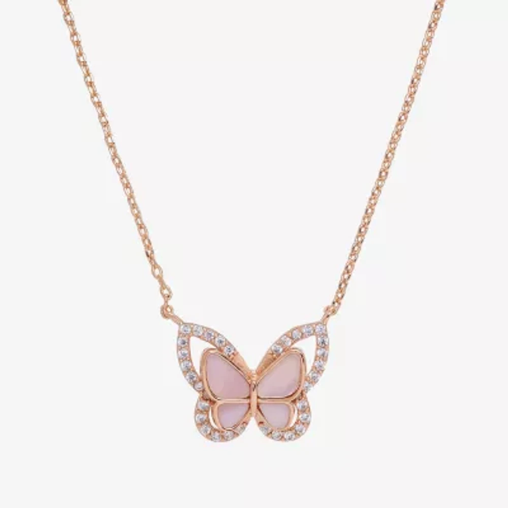 Sparkle Allure Halo Womens Pink Mother Of Pearl Cultured Freshwater Pearl 18K Rose Gold Over Brass Butterfly 16 Inch Pendant Necklace