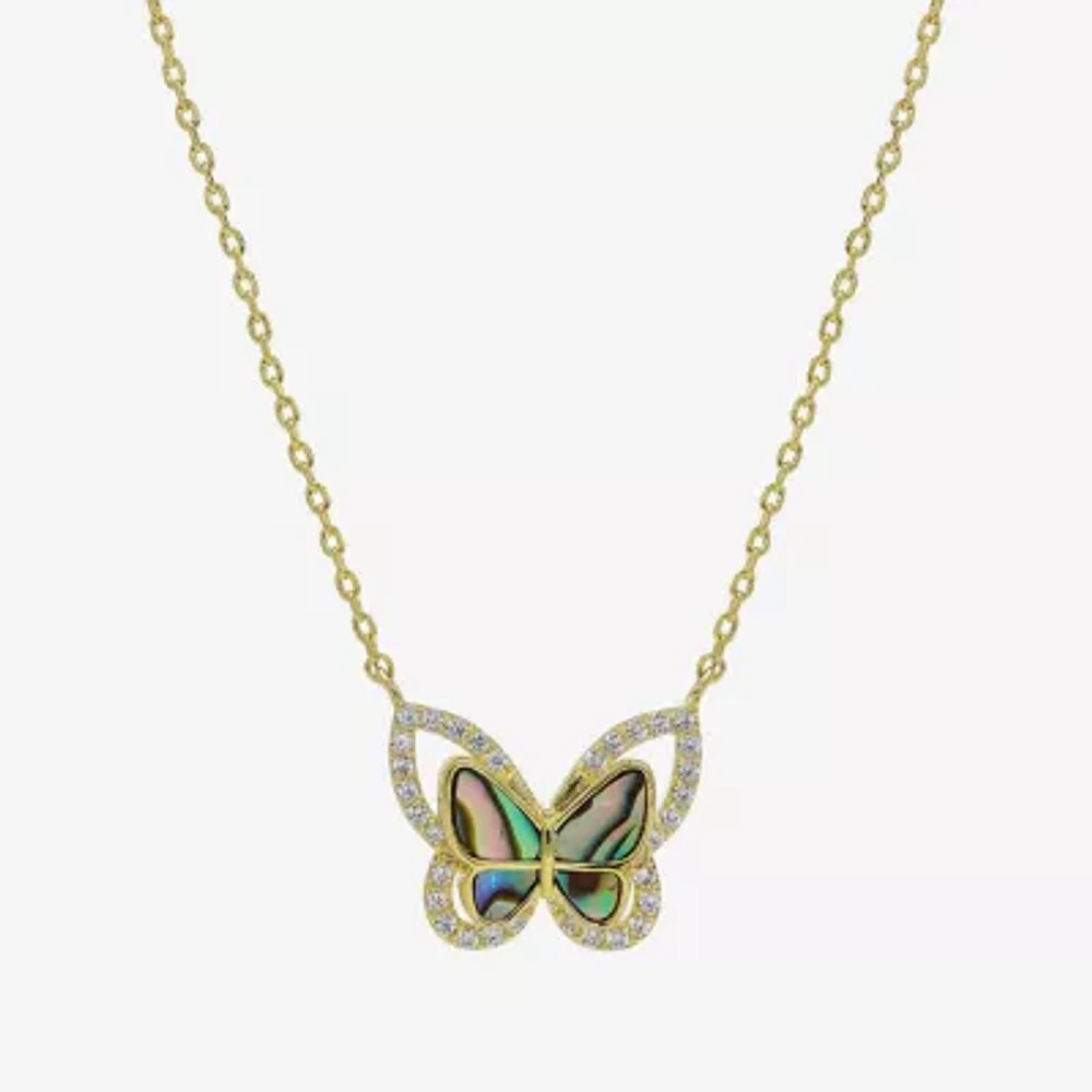 Sparkle Allure Halo Womens Green Mother Of Pearl Cultured Freshwater Pearl 14K Gold Over Brass Butterfly 16 Inch Pendant Necklace