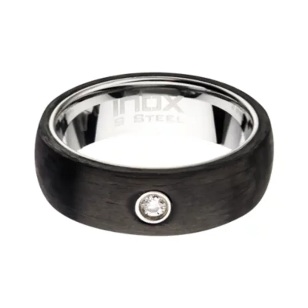 Inox Mens Jewelry 8MM Diamond-Accent Stainless Steel Round Wedding Band