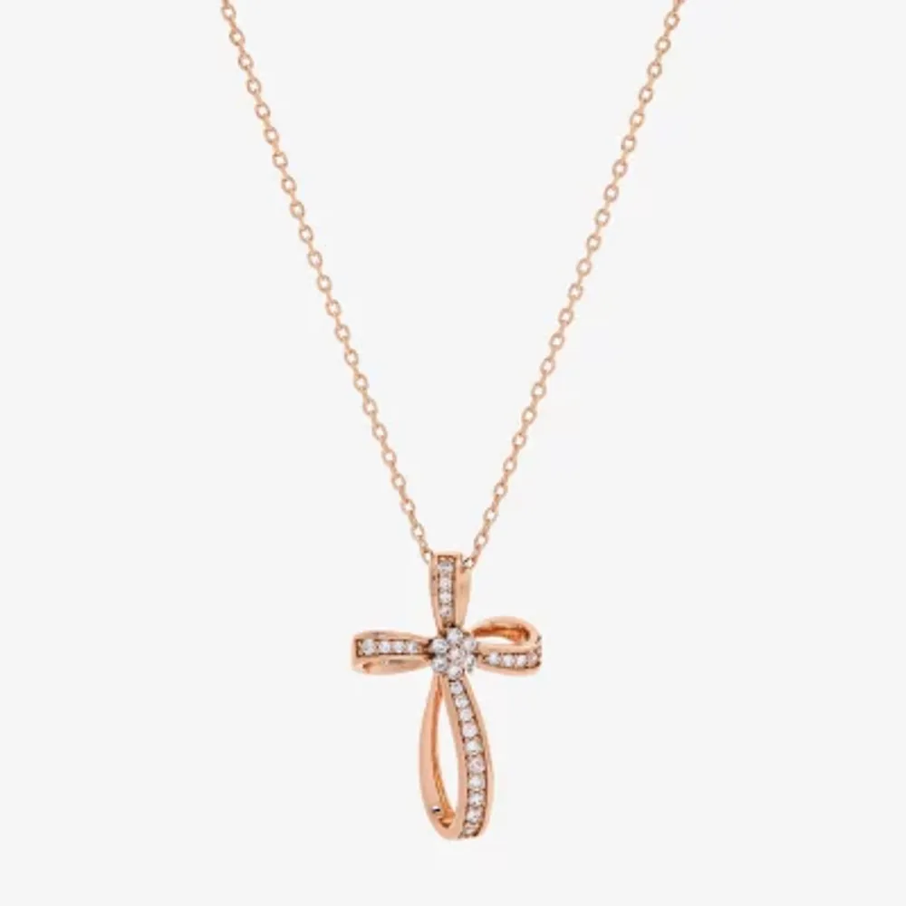 Sparkle Allure Womens Cubic Zirconia 18K Rose Gold Over Brass Cross 16 Inch Pendant Necklace