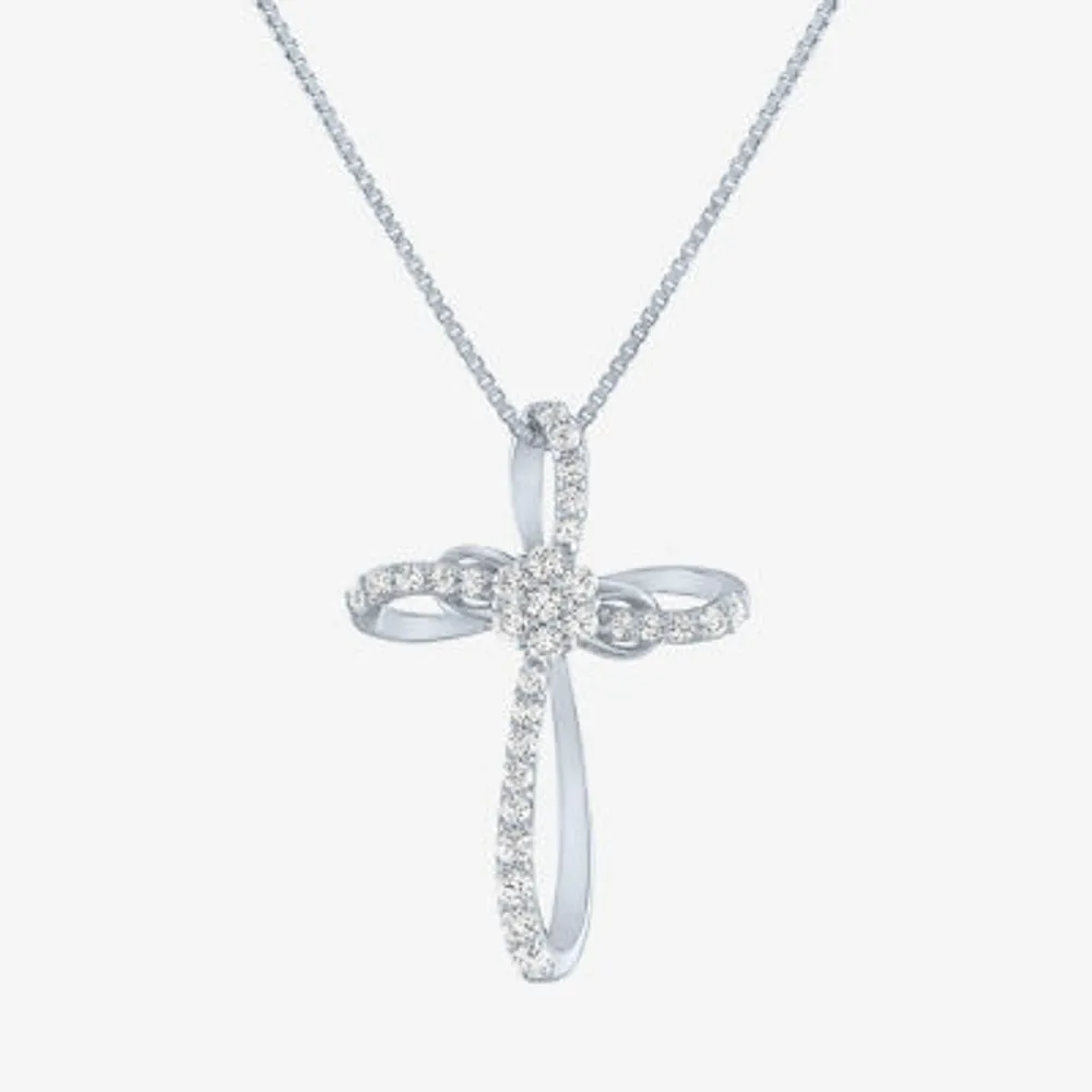 Diamond Blossom Womens 1/4 CT. T.W. Natural White Diamond Sterling Silver Cross 18 Inch Pendant Necklace