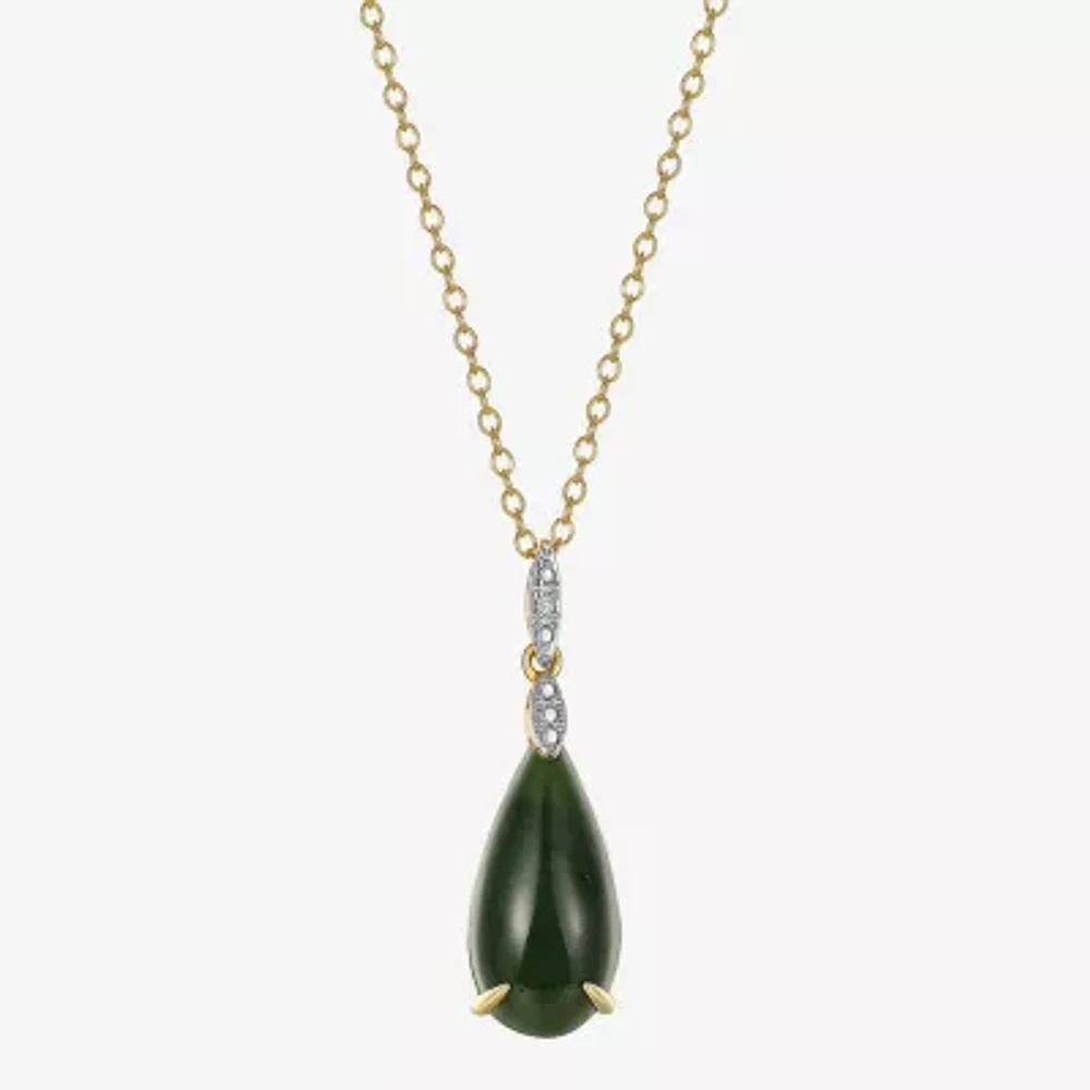 Womens Diamond Accent Genuine Green Jade 18K Gold Over Silver Pear 18 Inch Pendant Necklace