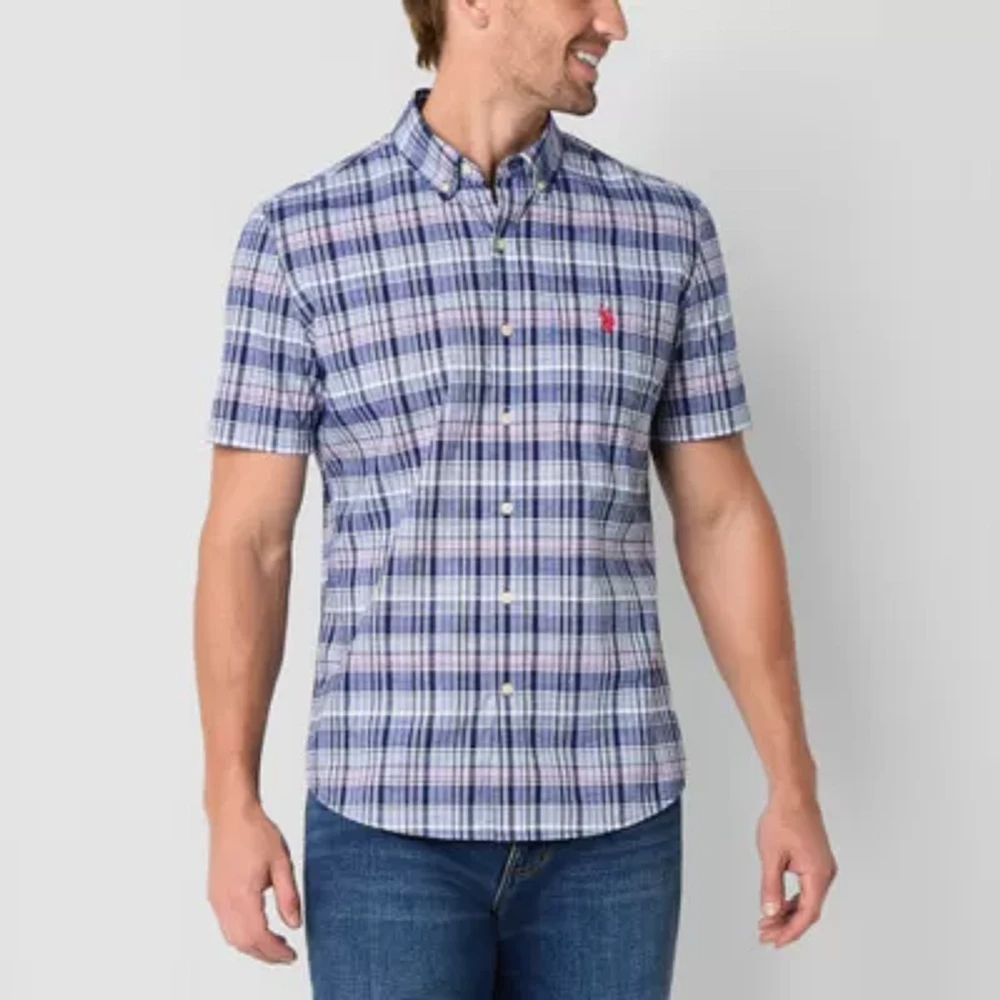 U.S. Polo Assn. Stretch Slub Mens Short Sleeve Classic Fit Fabric Embroidered Button-Down Shirt