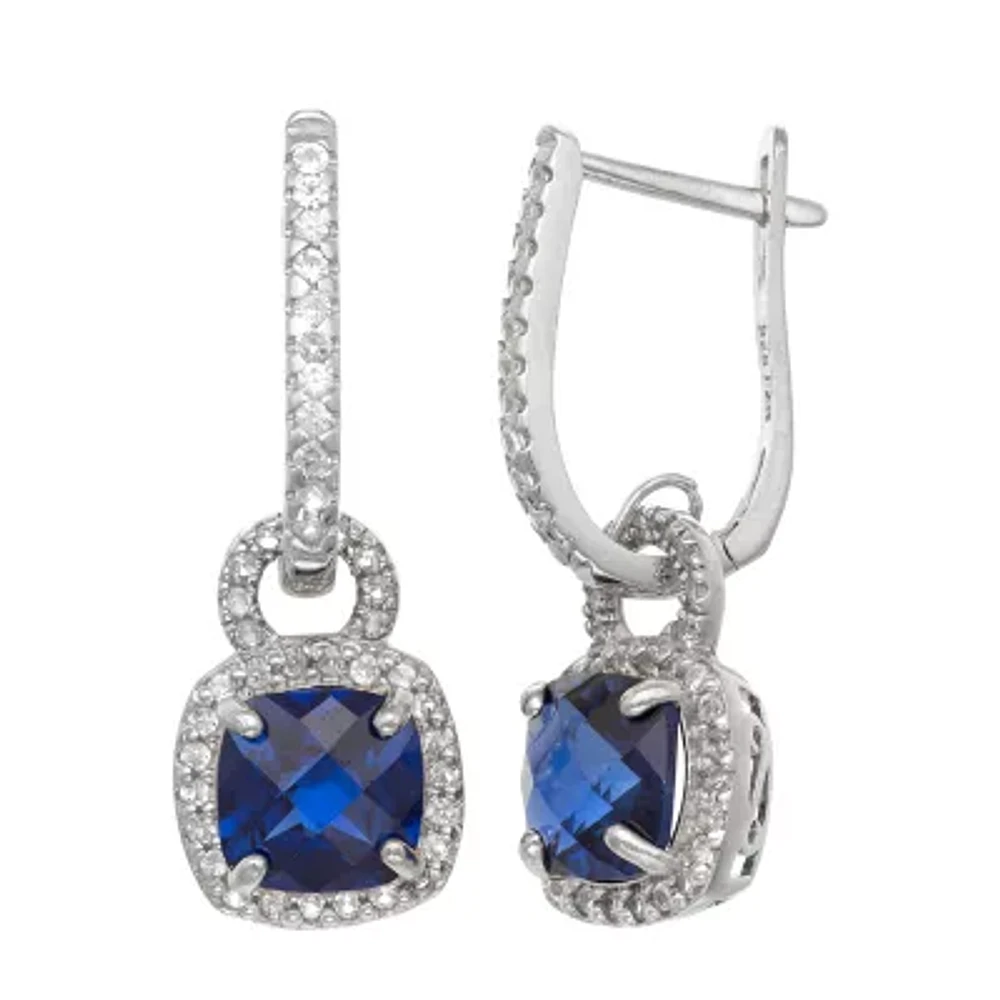 Womens Lab Created Blue Sapphire Sterling Silver Cushion Drop Earrings