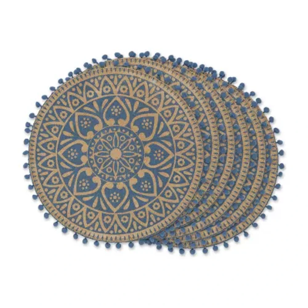 Design Imports French Blue Block Print On Natural Round Jute 6-pc. Table Linen Set