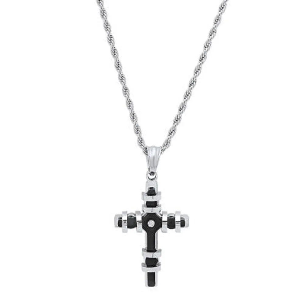 Mens Diamond Accent Cubic Zirconia Stainless Steel Cross 18 Inch Pendant Necklace