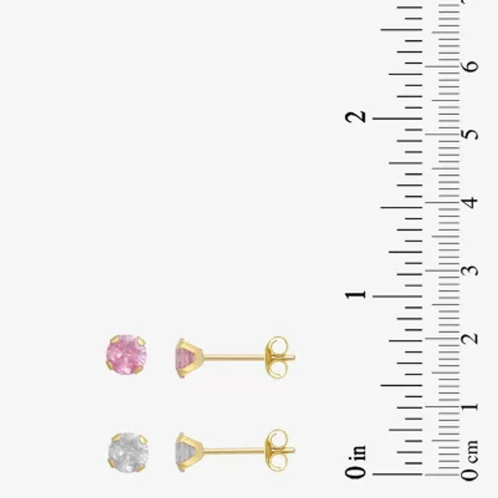 Womens Pink Cubic Zirconia 10K Gold Round 2 Pair Earring Set
