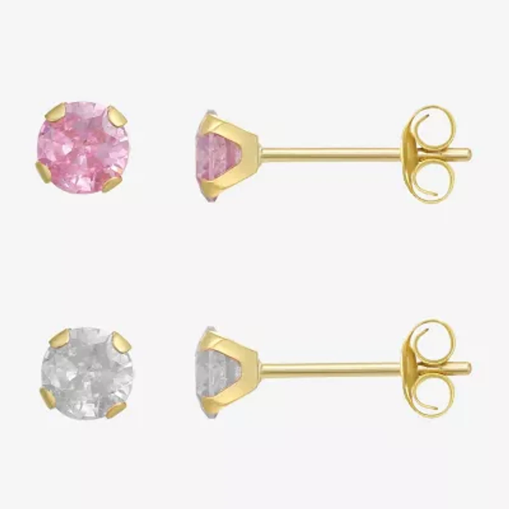 Womens Pink Cubic Zirconia 10K Gold Round 2 Pair Earring Set