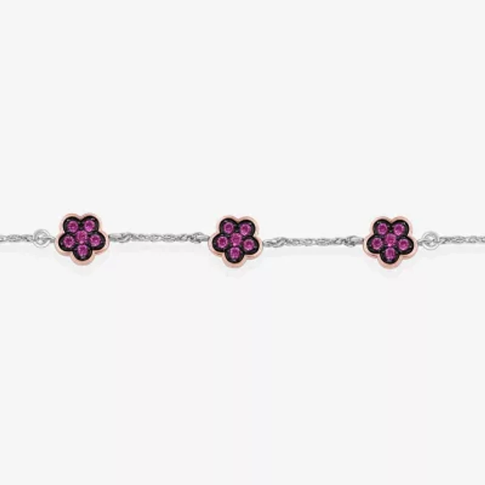 Womens Lab Created Pink Sapphire 10K Rose Gold Sterling Silver Flower Barbie Bolo Bracelet